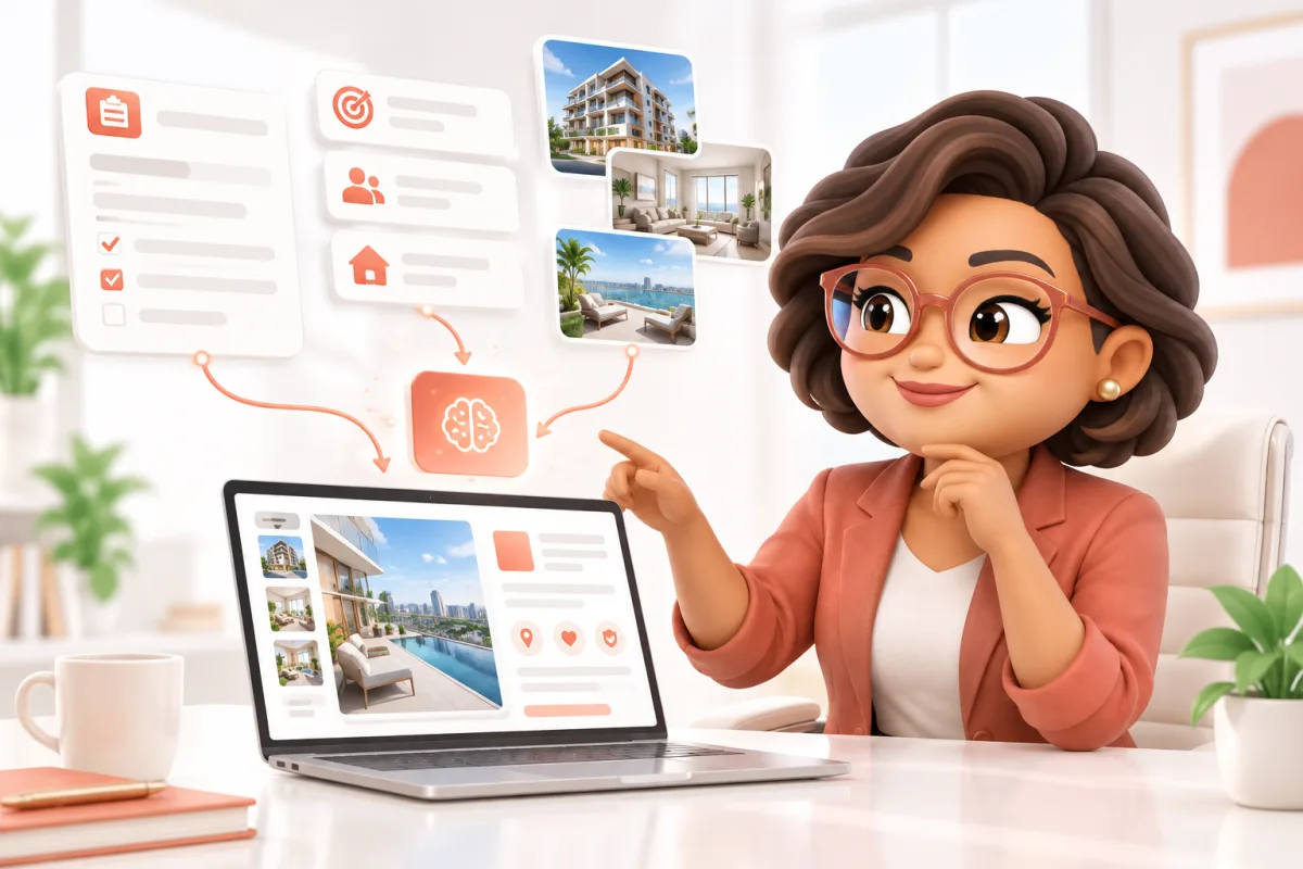 Ilustração do agente Propostas com uma interface de briefing / showroom