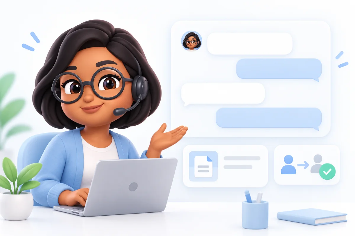Ilustração do agente Suporte com uma interface de chat / atendimento